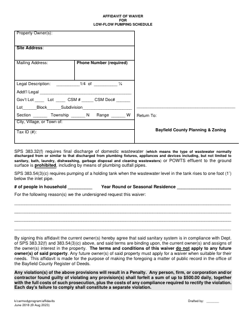 Affidavit of Waiver for Low-Flow Pumping Schedule, Bayfield County form, first page