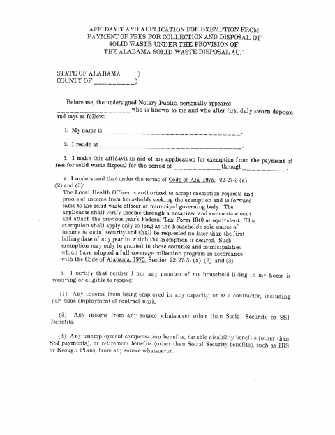 First page of the Solid Waste Fee Exemption Affidavit and Application