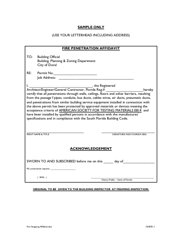 First page of the Fire Stopping Fire Prevention Affidavit