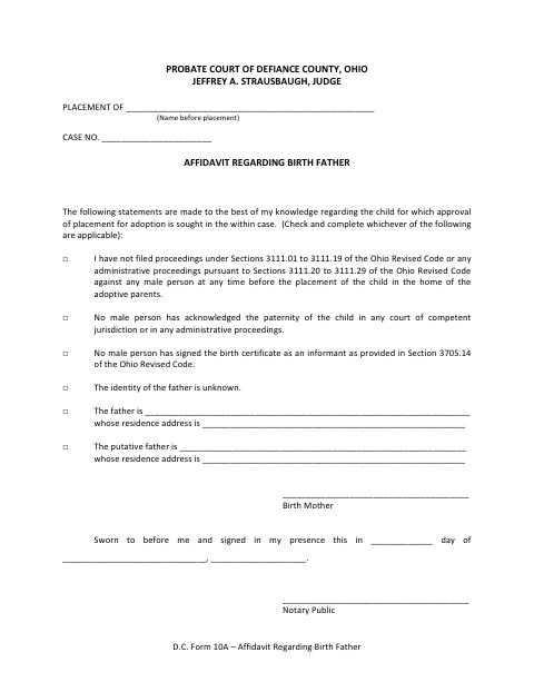 Affidavit Regarding Birth Father, Defiance County form, first page