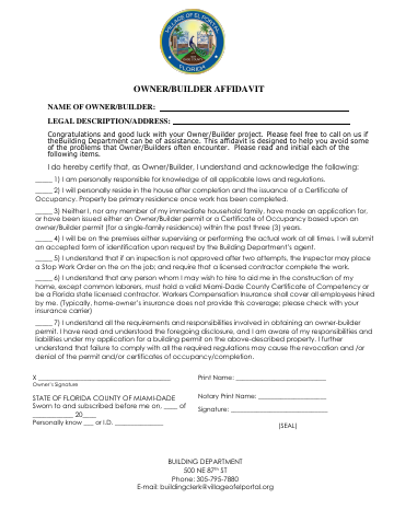 First page of the Owner-Builder Affidavit