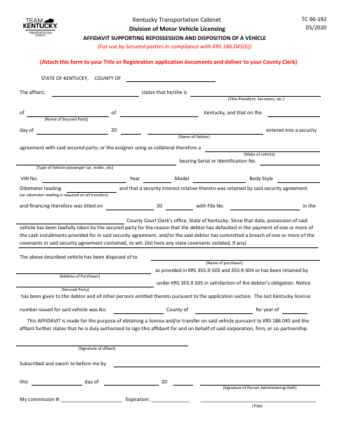 TC 96-192 Affidavit Supporting Repossession and Disposition of a Vehicle first page