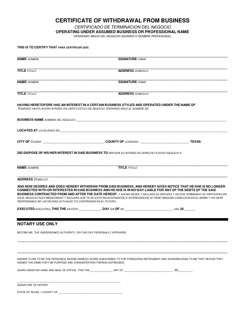 Certificate of Withdrawal from Business Operating Under Assumed Business or Professional Name, Freestone County form, first page