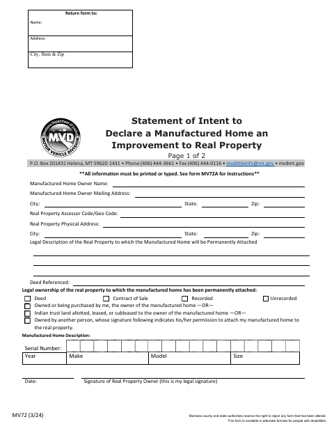 MV72 Statement of Intent to Declare a Manufactured Home an Improvement to Real Property first page