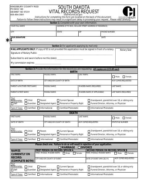 Vital Records Request, Kingsbury County form, first page
