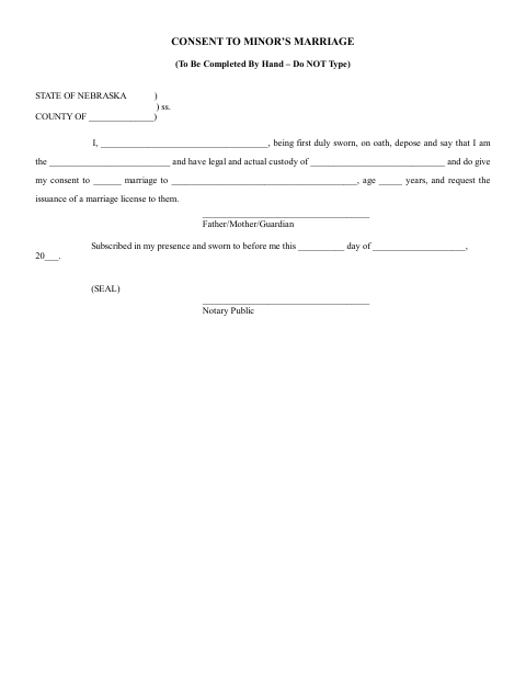 Consent to Minor’s Marriage, Nance County form, first page