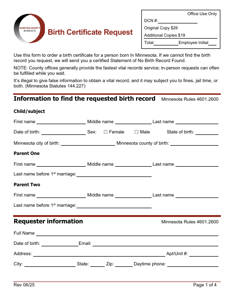Birth Certificate Request, Olmsted County form, first page