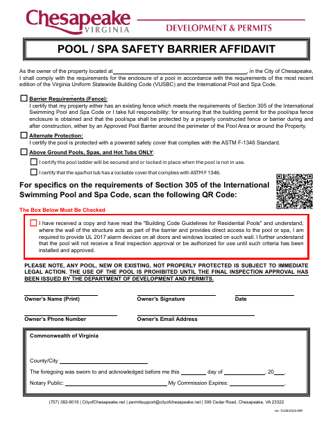 Pool / Spa Safety Barrier Affidavit, City of Chesapeake form, first page