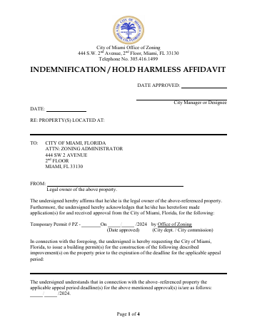 First page of the Hold Harmless Affidavit