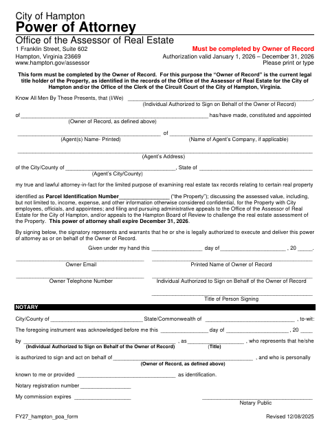 Power of Attorney, City of Hampton form, first page