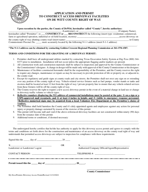 First page of the Application and Permit to Construct Access Driveway Facilities on County Right of Way