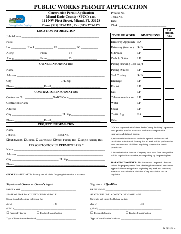 PUBLIC WORKS PERMIT APPLICATION — Miami-Dade County form, first page