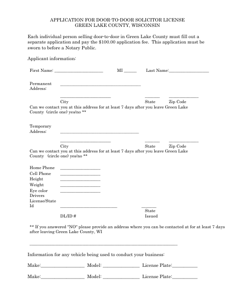 Application for Door-to-Door Solicitor License, Green Lake County form, first page