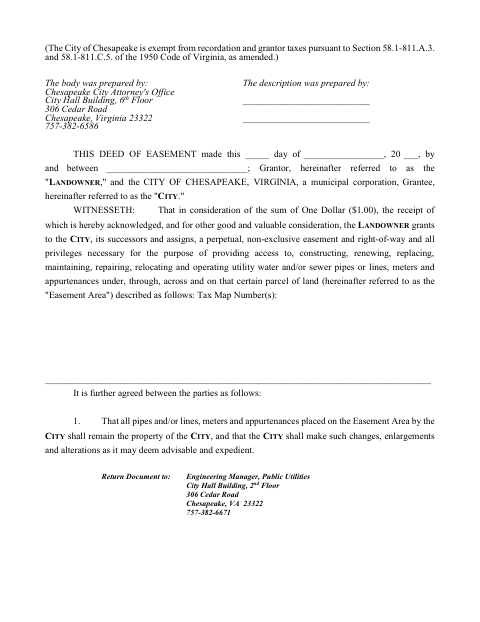 Deed of Easement, City of Chesapeake form, first page