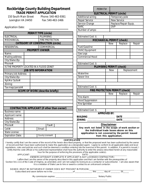 Trade Permit Application, Rockbridge County form, first page