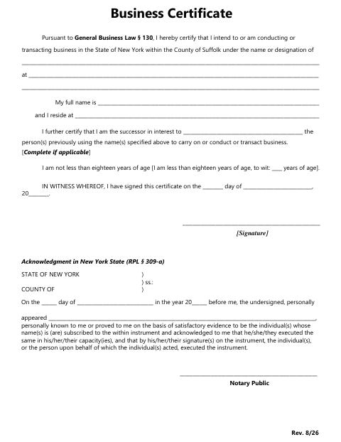Business Certificate, Suffolk County form, first page