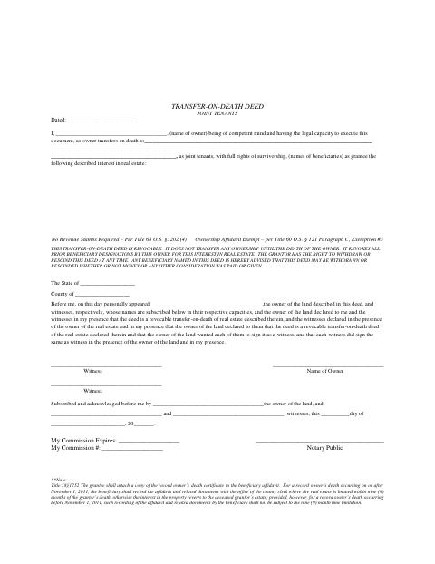 Transfer on Death Deed Joint Tenants, Kay County form, first page
