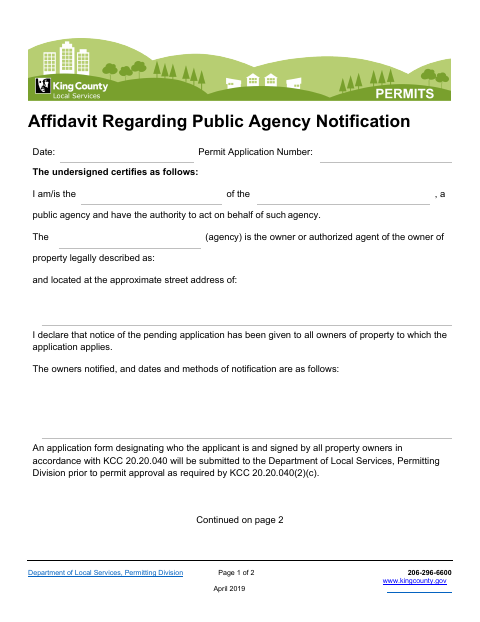 Affidavit Regarding Public Agency Notification, King County form, first page