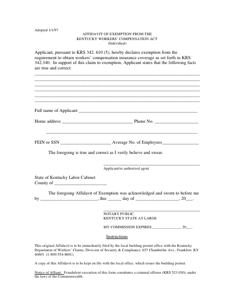 Workers’ Compensation Exemption Affidavit (Individual), Henderson County form, first page