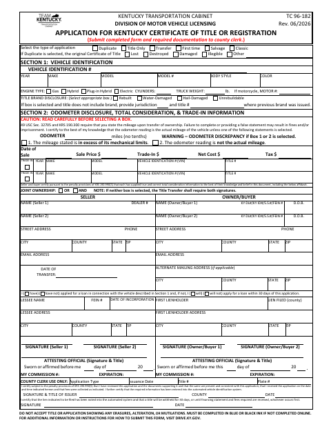 TC 96-182 Application for Kentucky Certificate of Title or Registration first page