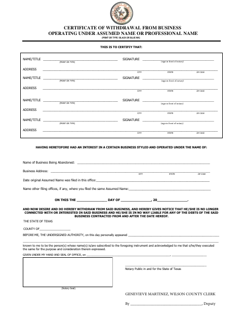 Certificate of Withdrawal From Business Operating Under Assumed Name, Wilson County form, first page