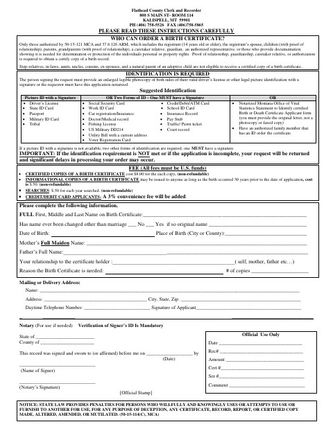 Birth Certificate Application, Flathead County form, first page