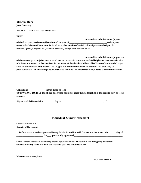 Mineral Deed for Joint Tenancy, Cleveland County form, first page