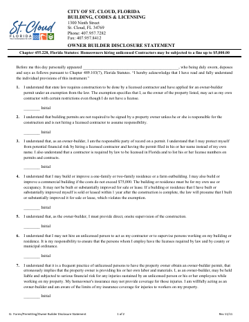 First page of the Owner Builder Disclosure Statement