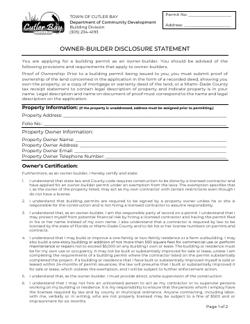 First page of the Owner-Builder Disclosure Statement