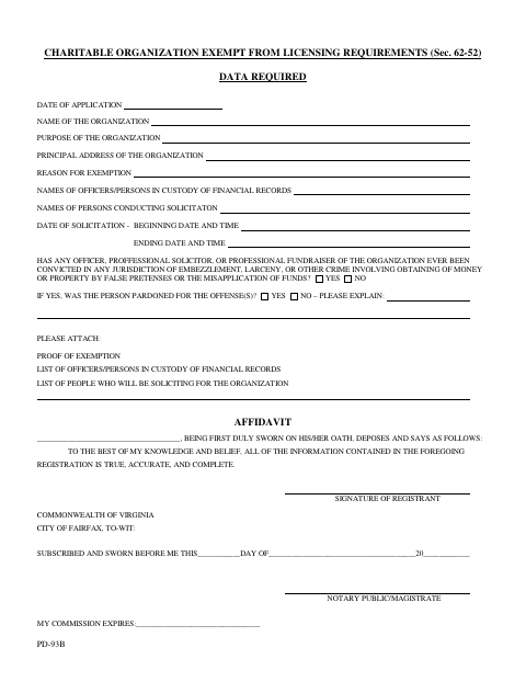 Charitable Organization Exempt from Licensing Requirements, City of Fairfax form, first page