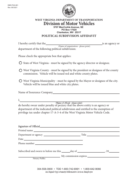 DMV-PSA-001 Political Subdivision Affidavit first page