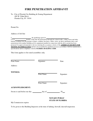 First page of the Fire Penetration Affidavit