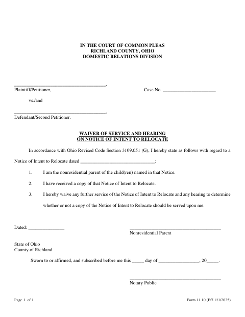 Waiver of Service and Hearing on Notice of Intent to Relocate, Richland County form, first page