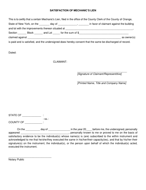 Satisfaction of Mechanic’s Lien, Orange County form, first page