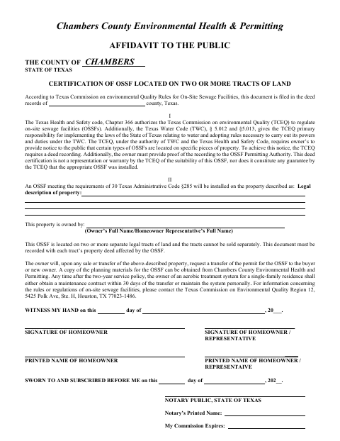 Affidavit to the Public for Two or More Tracts, Chambers County form, first page