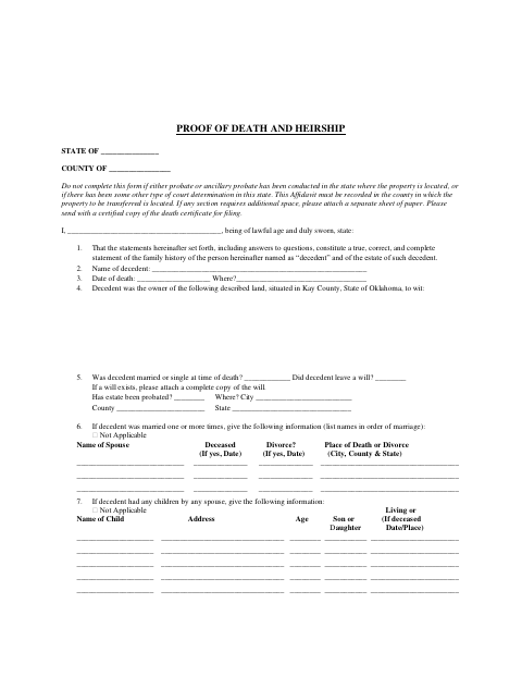 Proof of Death and Heirship, Kay County form, first page