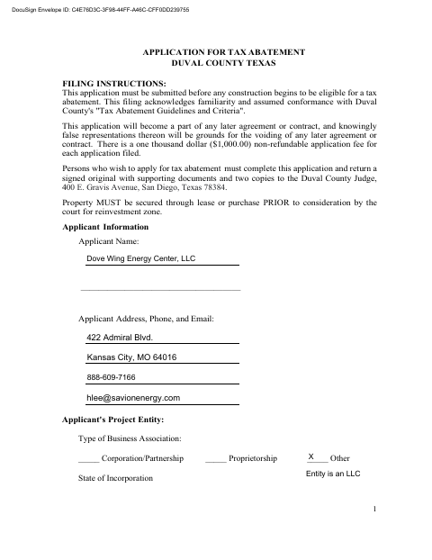 First page of the Application for Tax Abatement
