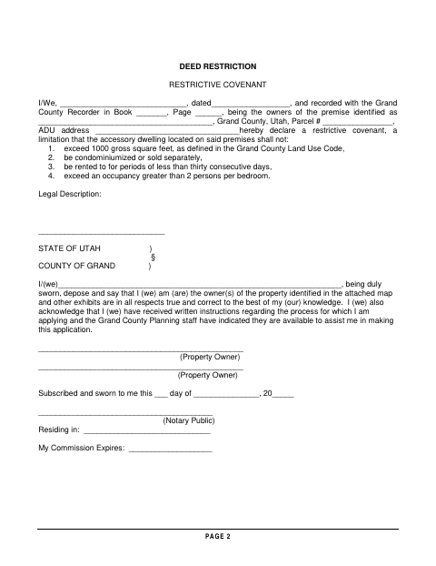 Deed Restriction Restrictive Covenant, Grand County form, first page