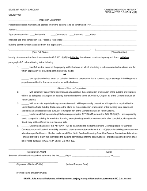 Owner Exemption Affidavit, Anson County form, first page