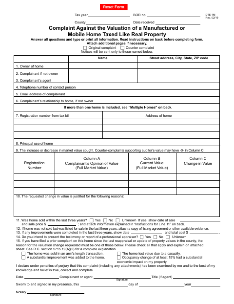 Complaint Against the Valuation of a Manufactured or Mobile Home Taxed Like Real Property, Williams County form, first page