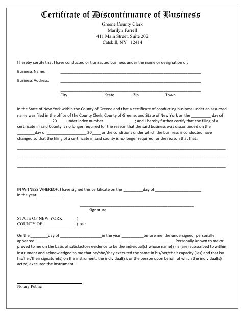 Certificate of Discontinuance of Business, Greene County form, first page