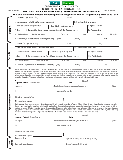 Declaration of Oregon Registered Domestic Partnership, Benton County form, first page