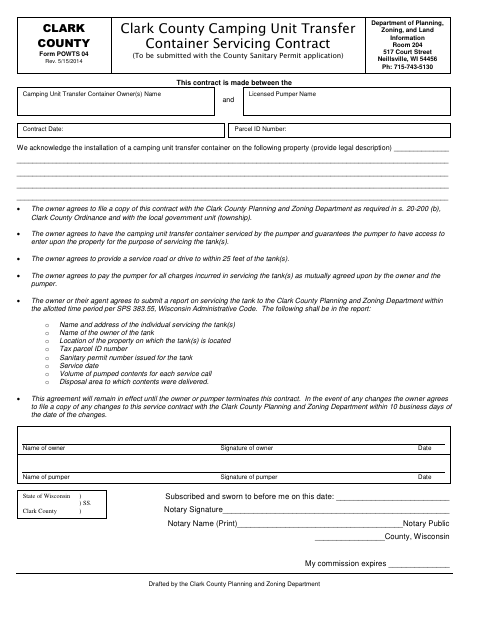 Camping Unit Transfer Container Servicing Contract, Clark County form, first page