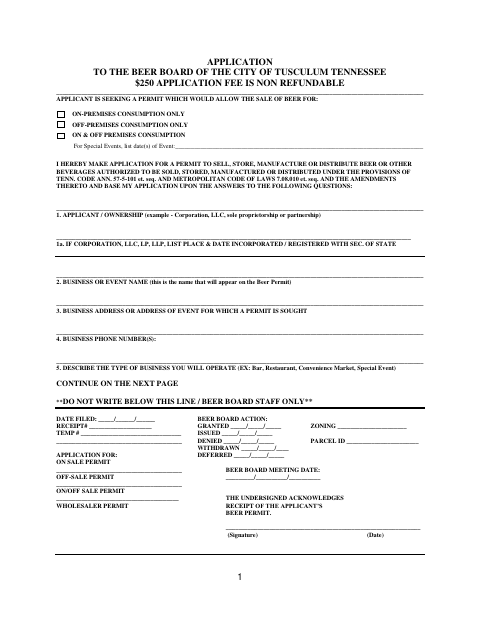 First page of the Beer Permit Application