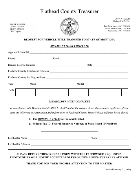First page of the Request for Vehicle Title Transfer to State of Montana