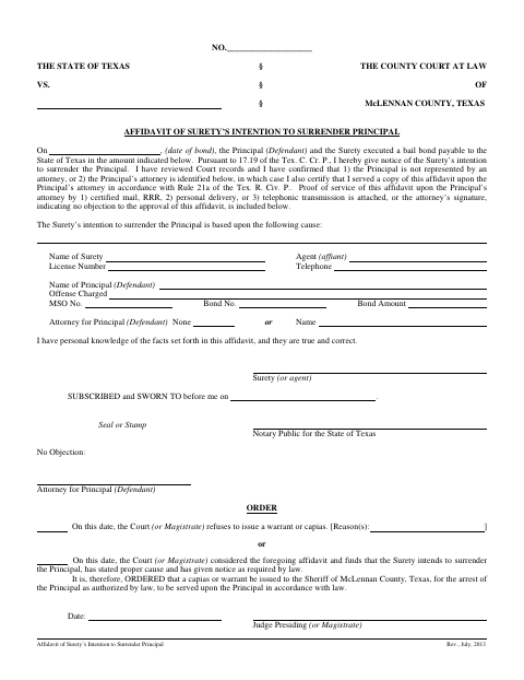Affidavit of Surety’s Intention to Surrender Principal, McLennan County form, first page