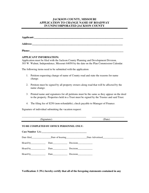 Roadway Name Change Application, Jackson County form, first page