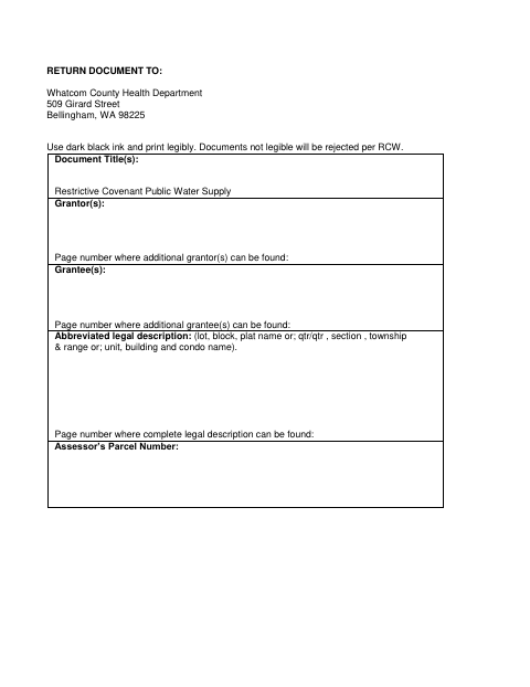Restrictive Covenant for Public Water Supply, Whatcom County form, first page