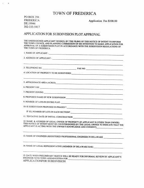 First page of the Application for Subdivision Plot Approval