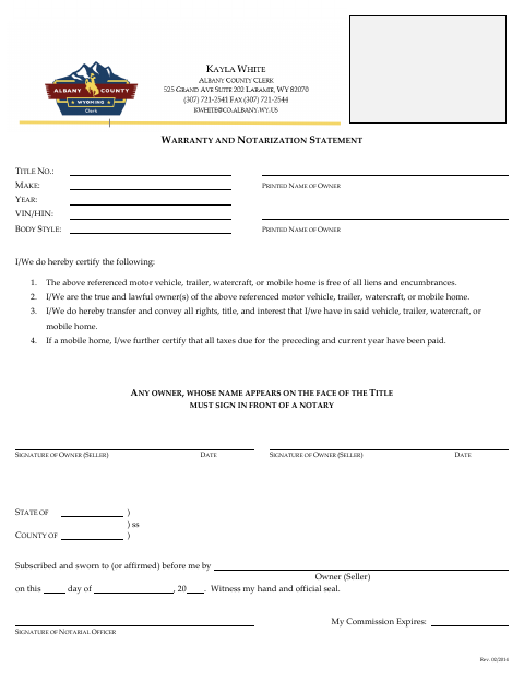 Warranty and Notarization Statement, Albany County form, first page